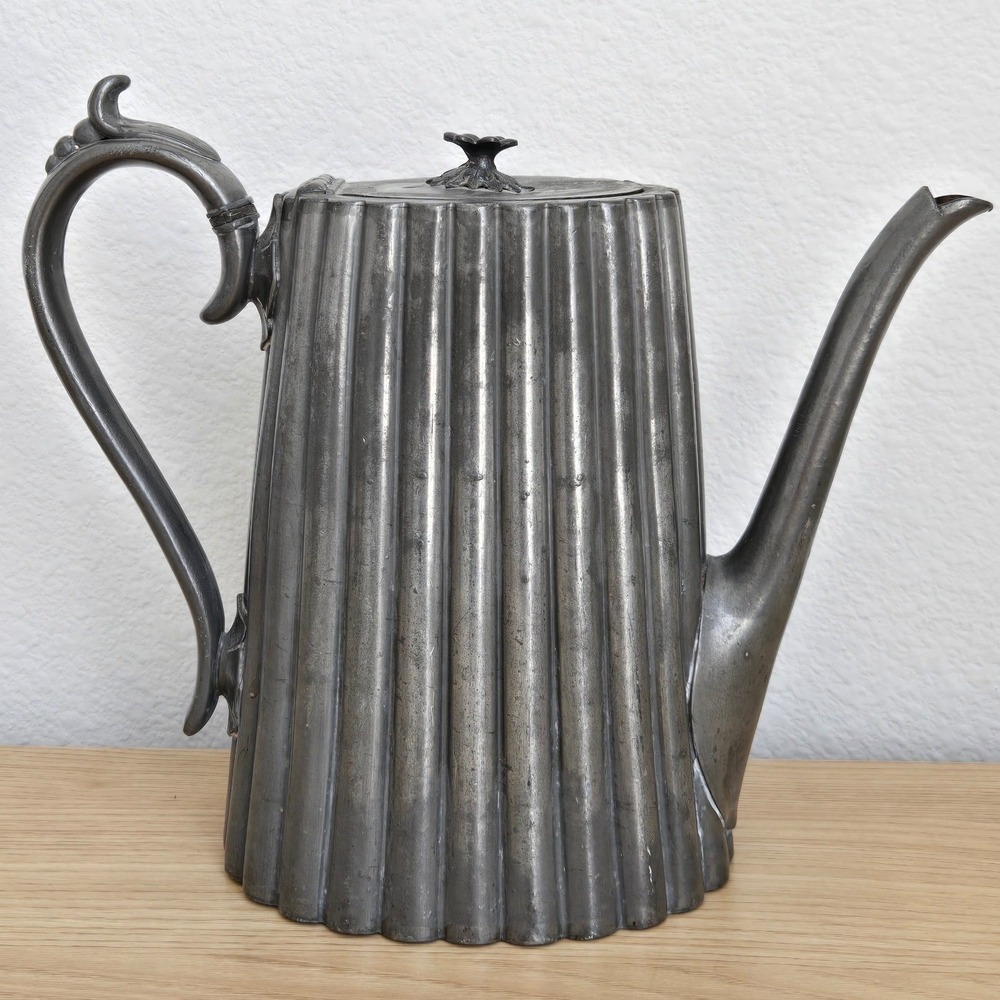 Antique Fluted Pewter Coffee Pot Vintage Ribbed Metal Tea Pitcher Floral Finial